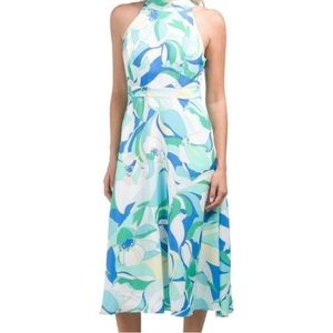 Tahari ASL Women's Sleeveless Mock Neck Halter Dress, Tie neck with open back.